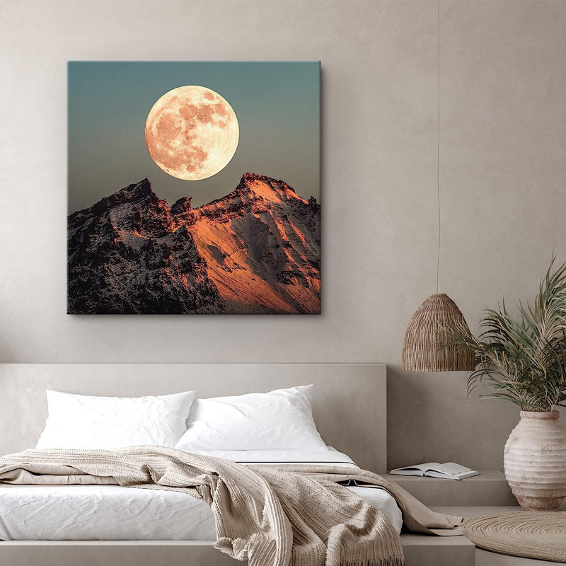 «Sunset Dusk Harvest Moon Over Snowy Mountain», reproduction sur toile, H 24 po x l 24 po x P 1,5 po