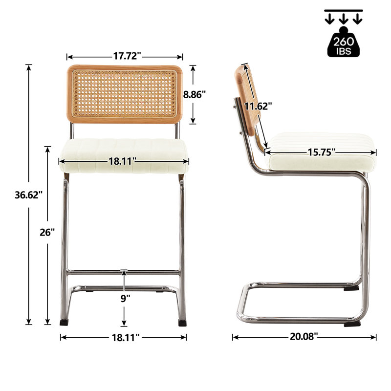 Georgios Velvet Upholstered Cane Back Bar & Counter Stool, White Velvet/ Silver Frame, Counter Stool (26" Seat Height)