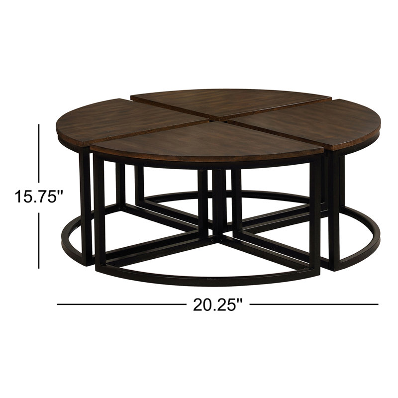 Kersh Arcadia Acacia Wood Nesting Tables, Set of 4 Round Wedge, Antiqued Mocha Finish, Industrial Style, Sleek Metal Legs, Dims 28 in. W x 16.5 in. D x 16 in. H, Adaptable for Large or Separate Tabletop Use