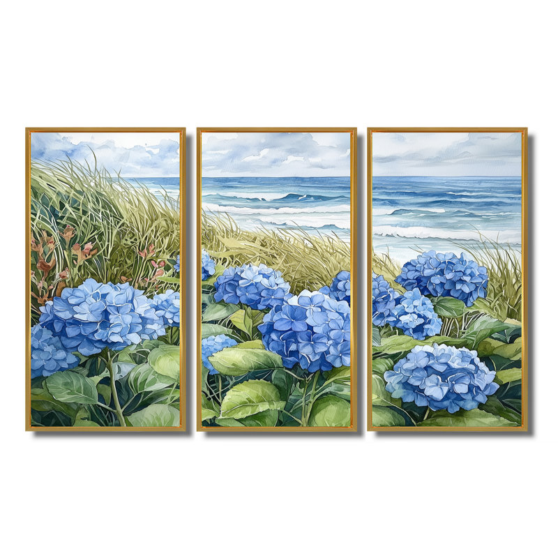 Hortensias dans le jardin côtier III - art mural hortensias - ensemble de 3, H 28 po x l 36 po, Doré