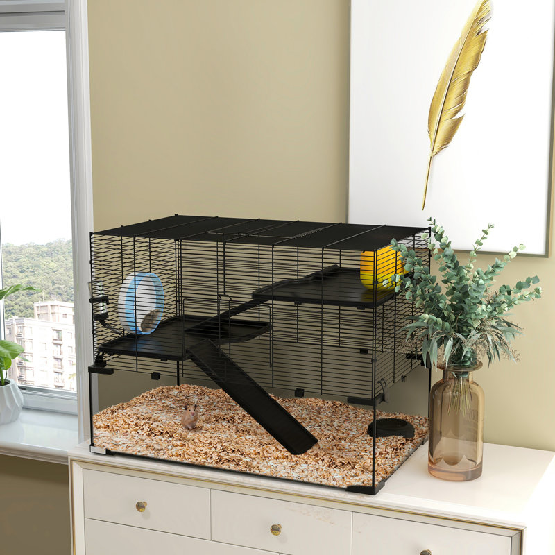 Hamster Nest, cage noire de 31 po avec caractéristiques pour l'utilisateur, cuve en verre, rampes, plateformes, cabane, roue d'exercice pour hamster