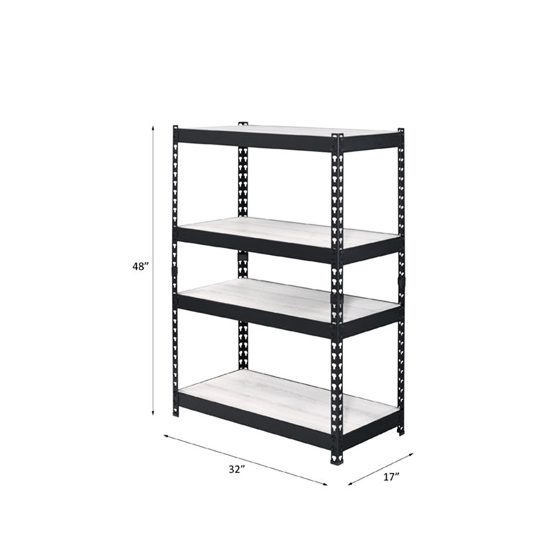 Bibliothèque industrielle, finition naturelle et noire, rectangulaire à 4 niveaux avec structure ouverte en métal et tablettes réglables noires, système d'étagères