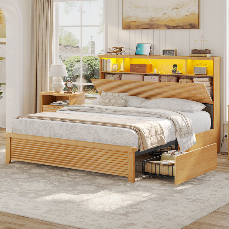 Platform Bed Frame With Storage Bookcase Headboard, Wooden Panel Bed With Usb Charging & Led Lights, No Box Spring Required
