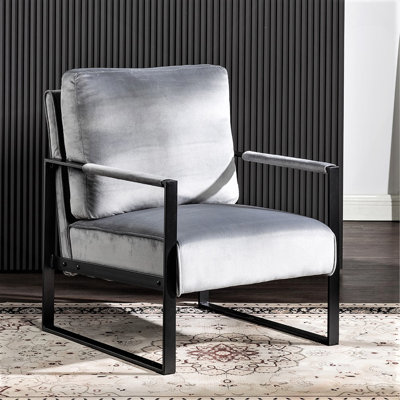 Mid Century Modern Accent Chair With Durable Square Metal Frame, Bedroom, Grey, Armchair For Living Room, Home Office In Plush Velvet Upholstery