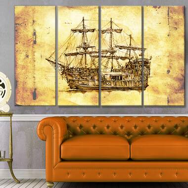 Old Travelling Boat Drawing On Canvas 4 Pieces Print