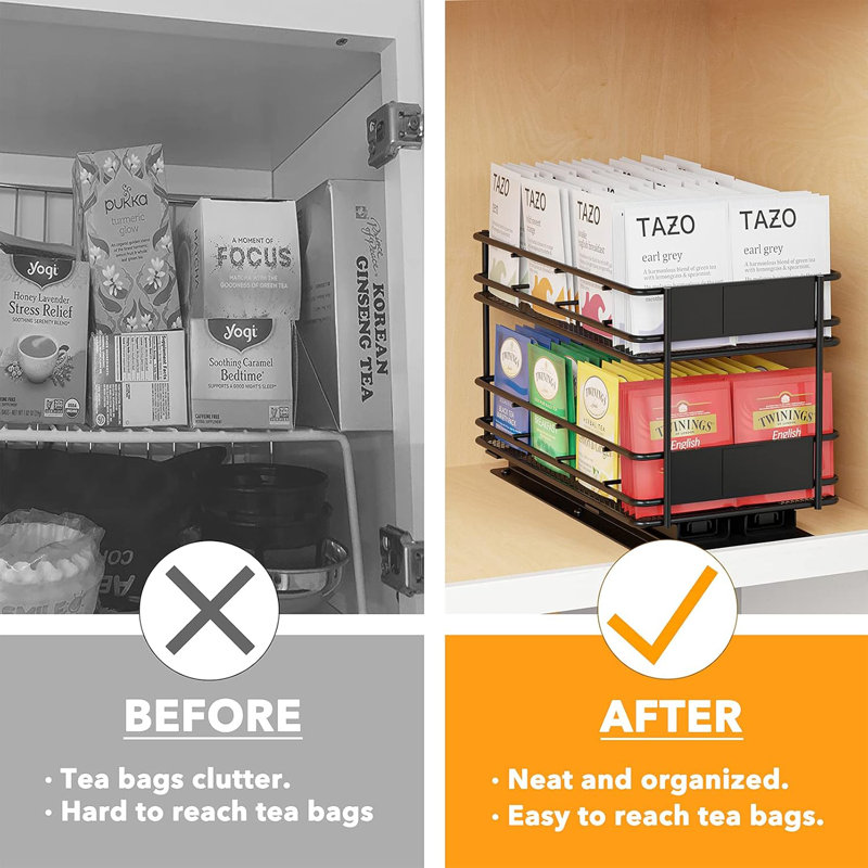 Support de rangement pour sachets de thé robuste avec 70 étiquettes et marqueur à craie - tiroir d'armoire coulissant à 2 niveaux, l 5,6 po x P 10,6 po x H 6,6 po, noir