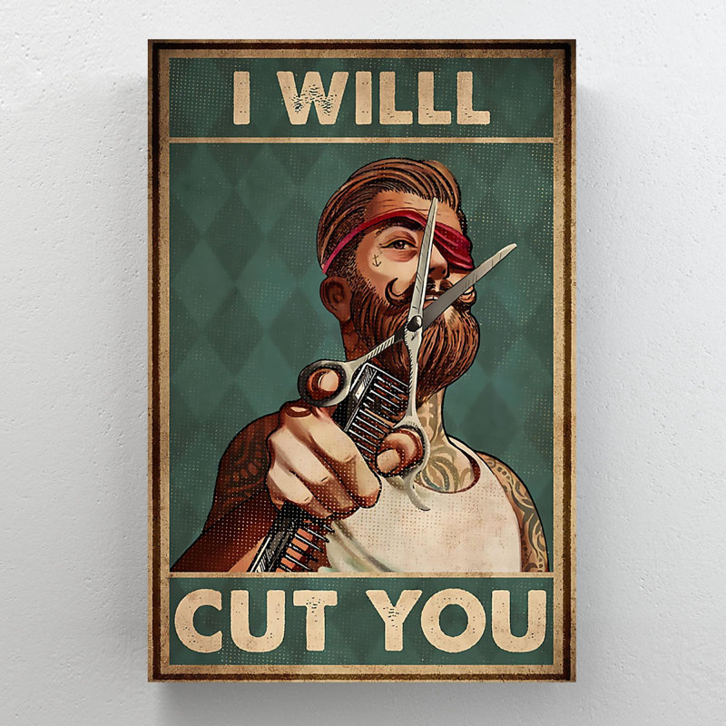 «Man With Comb and Scissors - I Will Cut You», reproduction d'art graphique sur toile tendue, L 16 po x H 20 po x P 1,25 po