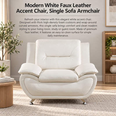 Fauteuil d'appoint en similicuir blanc, fauteuil moderne une place avec accoudoirs rembourrés et pieds incurvés en métal chromé, fauteuil lounge contemporain pour salon, chambre, réception