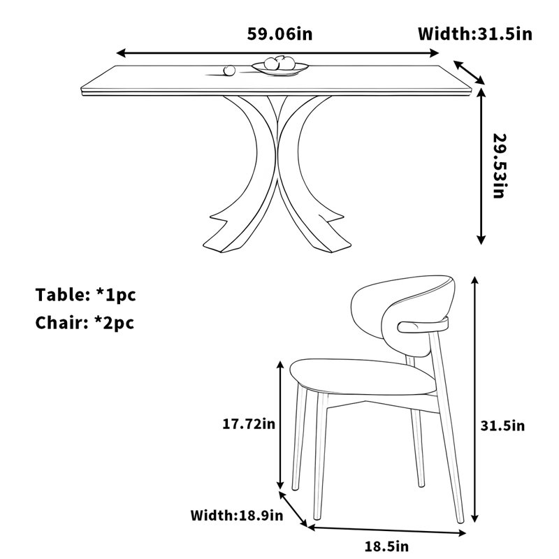 Table de salle à manger Rock, H 29,53 po x L 59,06 po x l 31,5 po