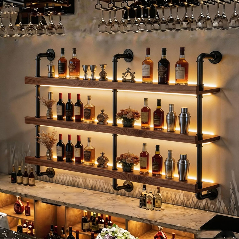 Casier à vin mural de 61 po à 3 niveaux, style industriel, avec éclairage DEL, 47.2" H x 61" W x 7.8" D