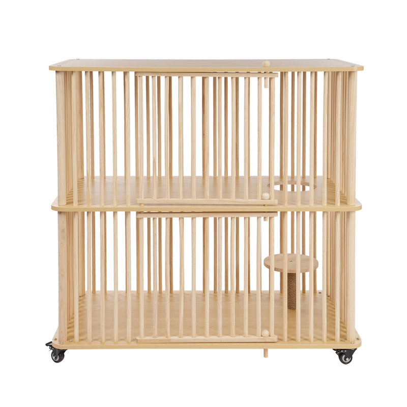 Grande maison pour chat en bois à 2 niveaux avec roues, Naturel / naturel