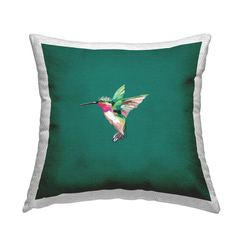 Coussin d'extérieur imprimé colibri portant un diadème par Amelia Noyes, Vert