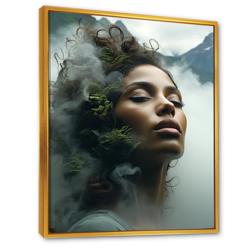 "Double Exposure Woman and Mountain Echoes III", Cadre flottant doré, H 44 po x l 34 po x P 1,5 po