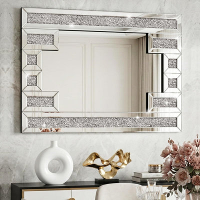 Crushed Diamond Rectangular Wall Mirror 28"x40", Bling Rhinestone Mirror Art Deco Silver, Hand-Inlaid Crystals for Living Dining Room Entryway Fireplace, Shatter-Proof Packaging