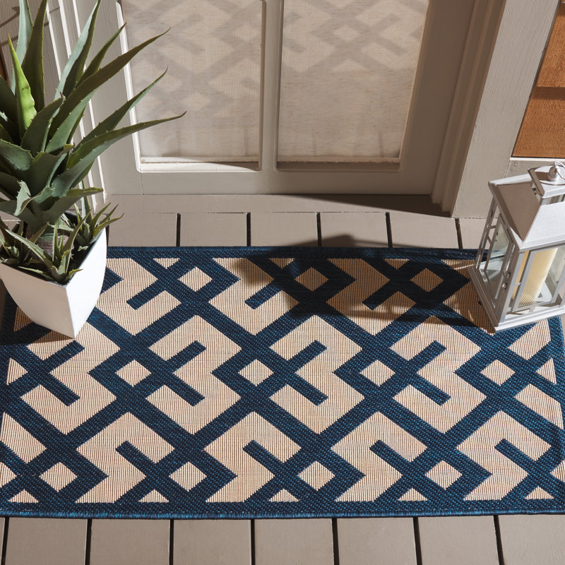 Arneshia Geometric Navy/Beige Indoor/Outdoor Area Rug, Rectangle 2' x 3'6"