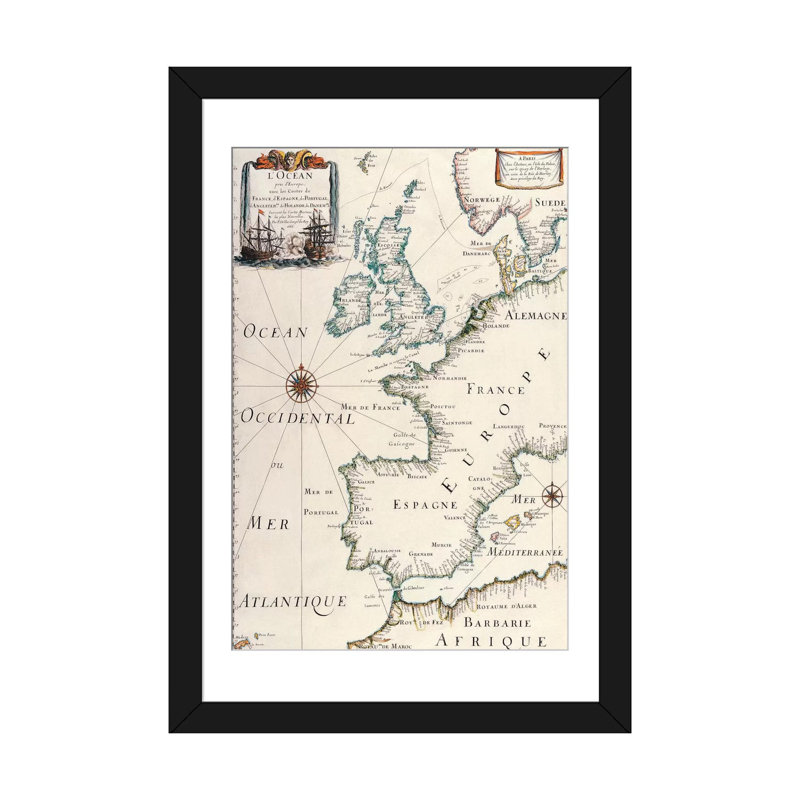 Ancienne carte de l'Europe de l'Ouest antique - Estampe numérique sur toile tendue avec châssis, H 32 po x l 24 po x P 1 po