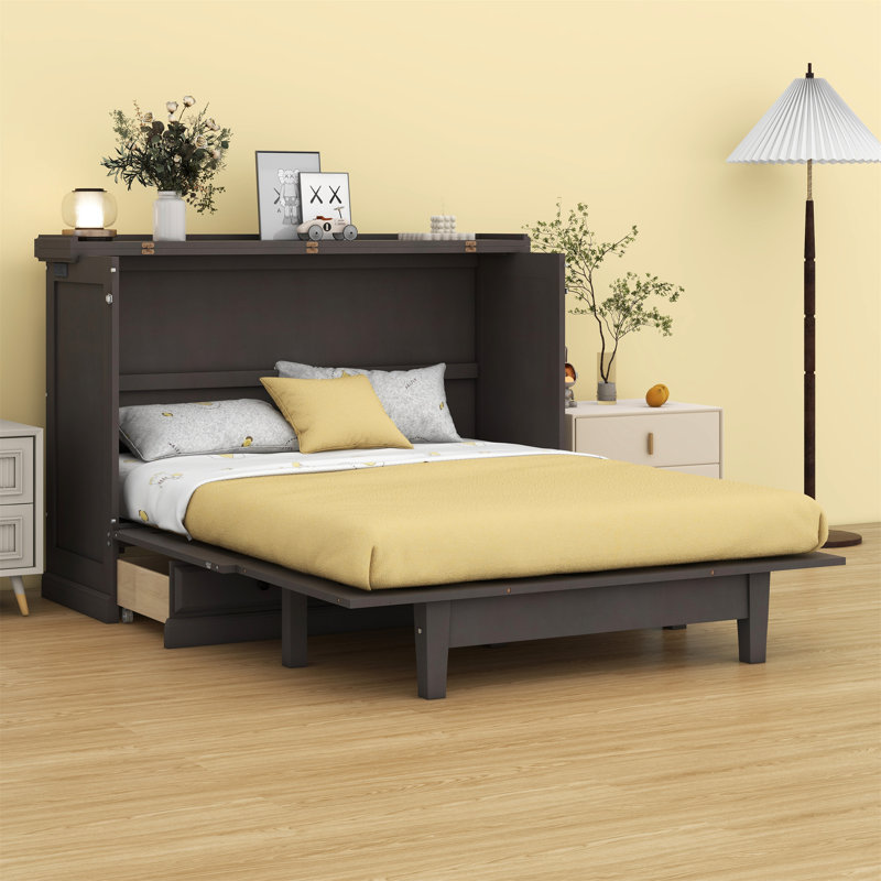 Farmhouse Style Wood Murphy Bed Chest Cube Cabinet Bed With Charging Station And Large Storage Drawer, Grey, Full / Double