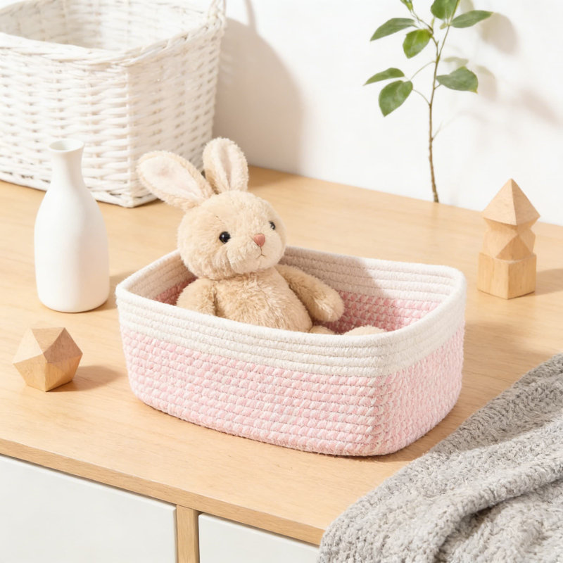 Woven Storage Baskets Set Of 4, Handwoven Cotton Rope Organizer Bins For Shelves, Closet, Desk, And Toy Storage, Decorative Rectangular Baskets For Home Organization
