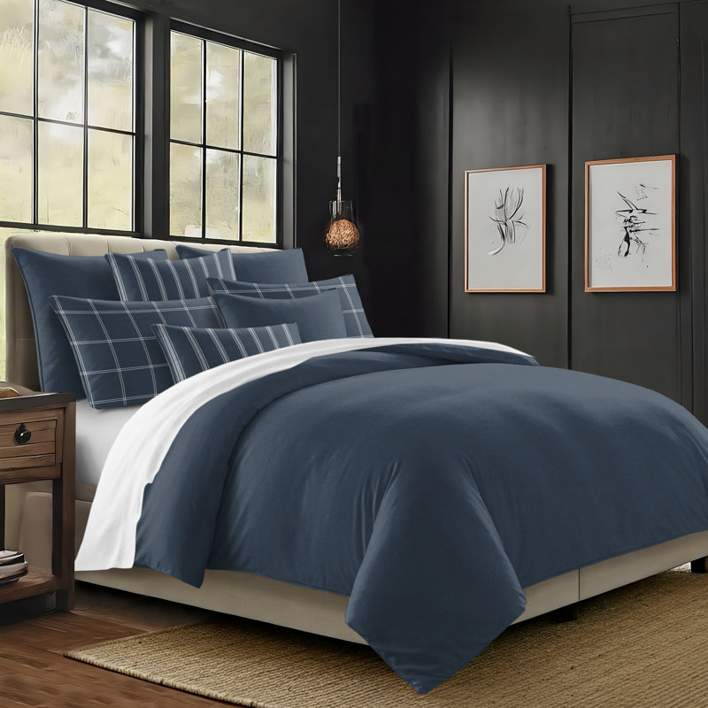 Shay Solid Dark Denim Cotton Coverlet Set  8 Piece, Super Queen Coverlet + 7 Additional Pieces
