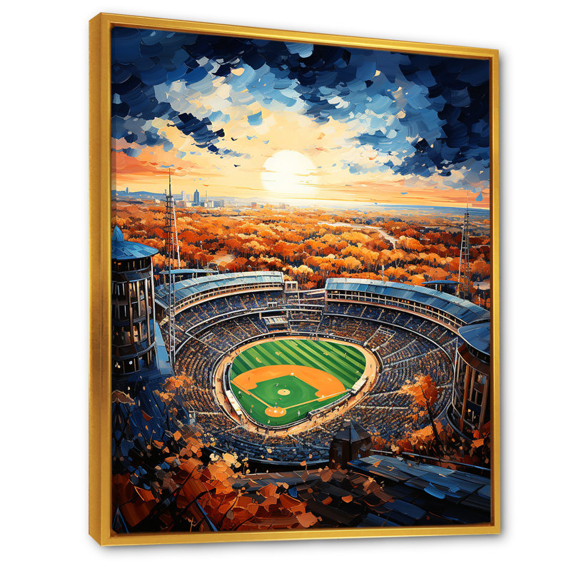 Vue d'oiseaux du stade I, H 44 po x l 34 po x P 1,5 po, Cadre flottant doré