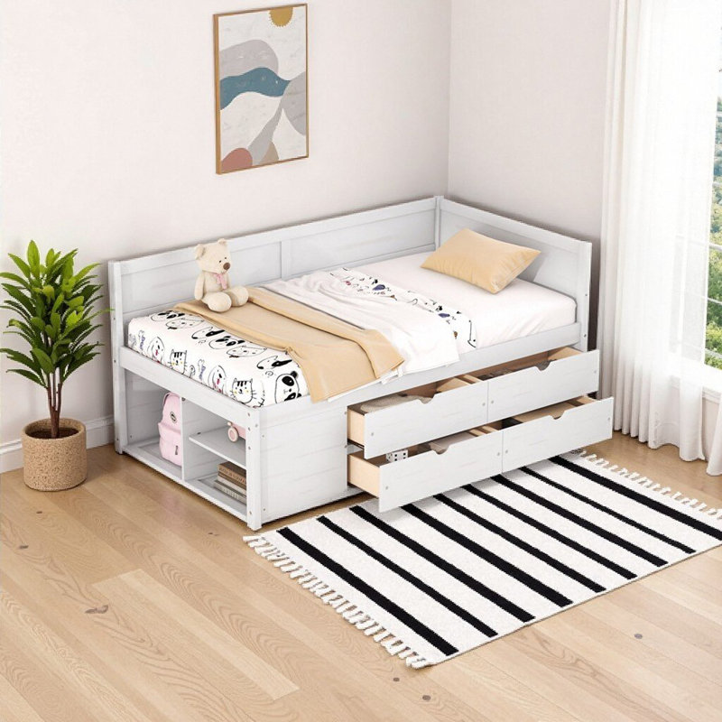 Lit de jour simple blanc avec tiroirs et tablettes de rangement, structure en bois massif, conception peu encombrante, Blanc