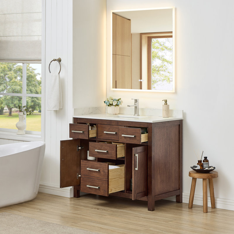 Meuble-lavabo simple autoportant de 42 po avec plateau en marbre Beckett, Noyer foncé, Nickel brossé