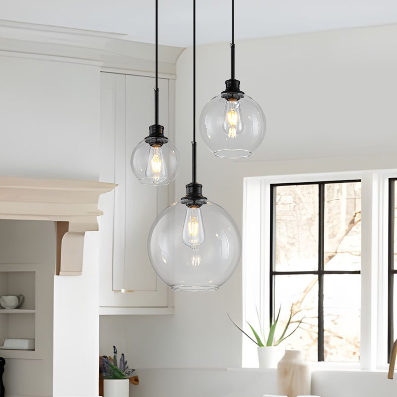 Luminaire suspendu sphérique noir à 3 lumières avec verre transparent Concow