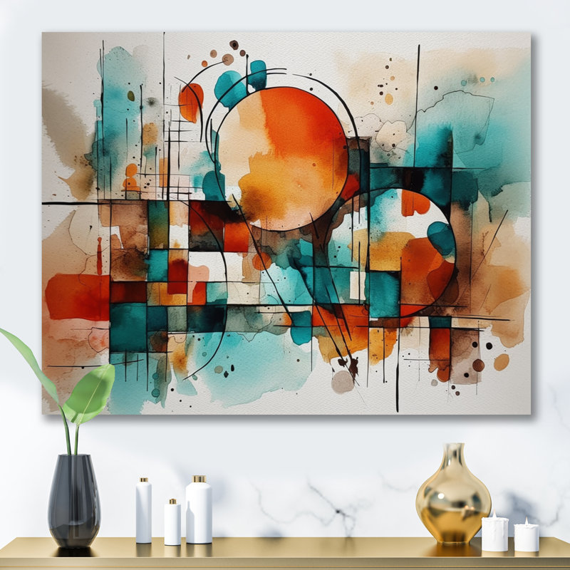 Orange orange géométrique - art mural abstrait géométrique, H 34 po x l 44 po x P 1,5 po, Toile tendue