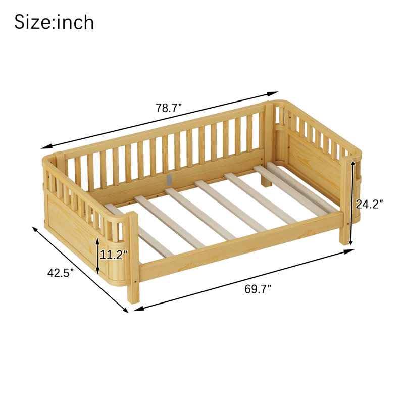 Transition Sleep Kids Bed, Convertible Daybed with Removable Rail for Kids, Queen Size, Natural, Natural