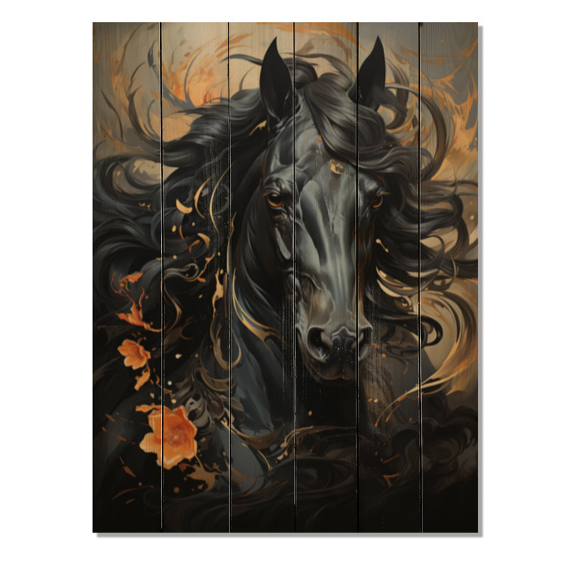 Cheval noir, noir et jaune, cheval et cheval, impression sur bois, H 32 po x l 24 po x P 0,78 po