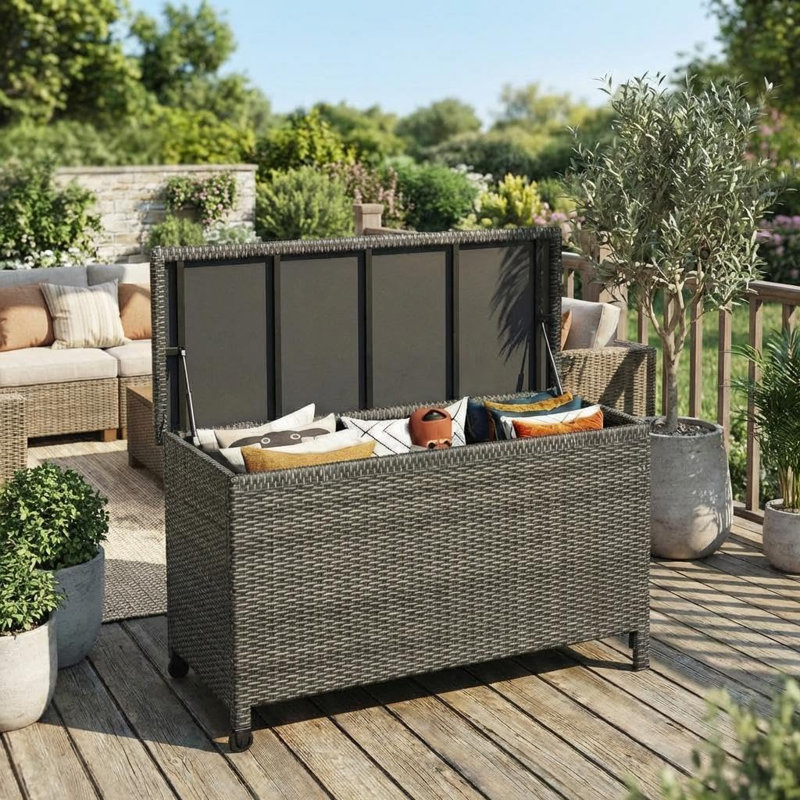 Boîte de rangement moyenne pour l'extérieur en osier, coffre de rangement pour patio en rotin PE avec structure en acier, boîte de rangement compacte pour coussins, jouets et articles d'extérieur - Osier brun