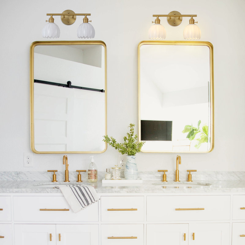 3 - Light Dimmable Bathroom Vanity Light With White Glass Shades, 9.17" H x 14.9" W x 6.8" D, Brushed Brass, 2 Lights