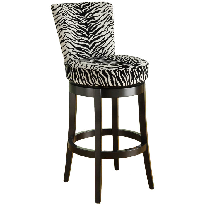 Alesja Swivel Counter or Bar Height Armless Bar Stool with Footrest in Faux Leather and Black Wood, White/Black Zebra