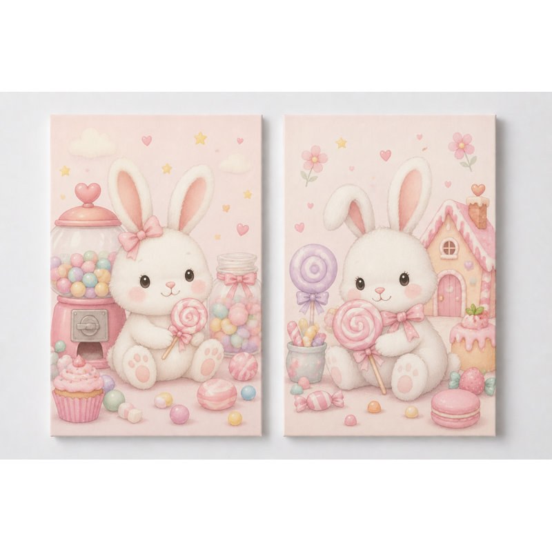 Grand ensemble de 2 décorations murales en forme de bonbon lapin rose pour chambre de filles, jolie aquarelle de lapin, décoration sur toile pour chambre de bébé chambre de bébé, impression sur toile 16 x 24 po