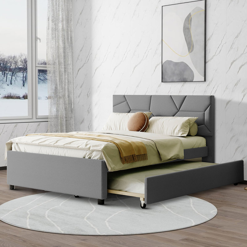 Lit plateforme tapissier avec lit gigogne Izabela, Double, Gris