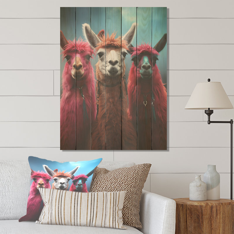 Art alpin rose en laine - Alpaga sur bois, H 20 po x l 10 po
