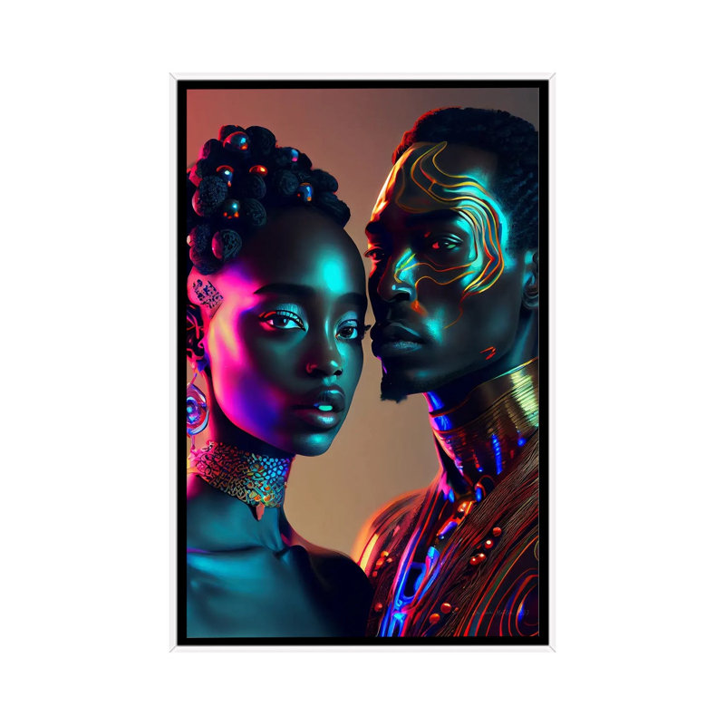 Afrofuturist African Royalty Queen And King II, White Floater Framed Canvas, 26" H x 18" W x 1.5" D