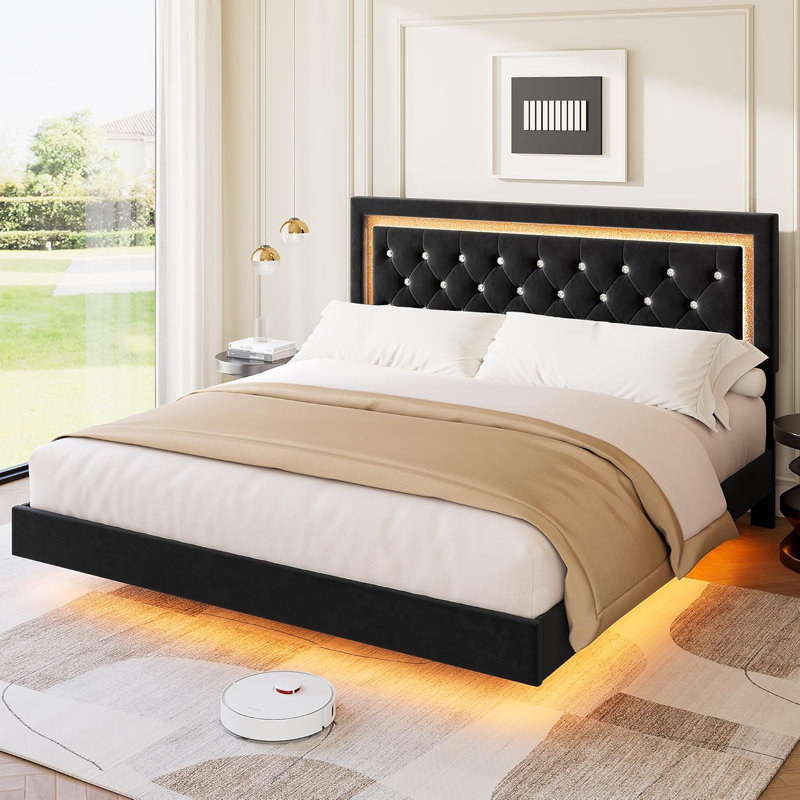 Floating Bed Frame King Size with Smart Led Lights, Upholstered Platform Bed with Diamond Headboard, Black, King