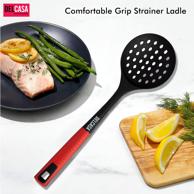 DELCASA Nylon Skimmer - Slotted Spoon - Skimmer and Strainer Spoon - Ergonomic Heat Resistant Handle, Comfortable Grip Strainer Ladle for Kitchen – Non-Stick Design – Ideal for Straining & Skimming
