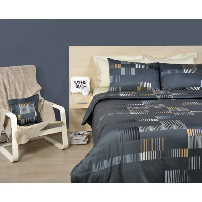 Ensemble de housse de couette double élégant, anthracite et or, 78,7 po x 86,6 po | 65% coton / 35% polyester, 120 fils | Comprend 2 taies d'oreiller (19,7 po x 27,6 po), une housse de couette avec fermeture à boutons et un drap plat | Lavable à la machine