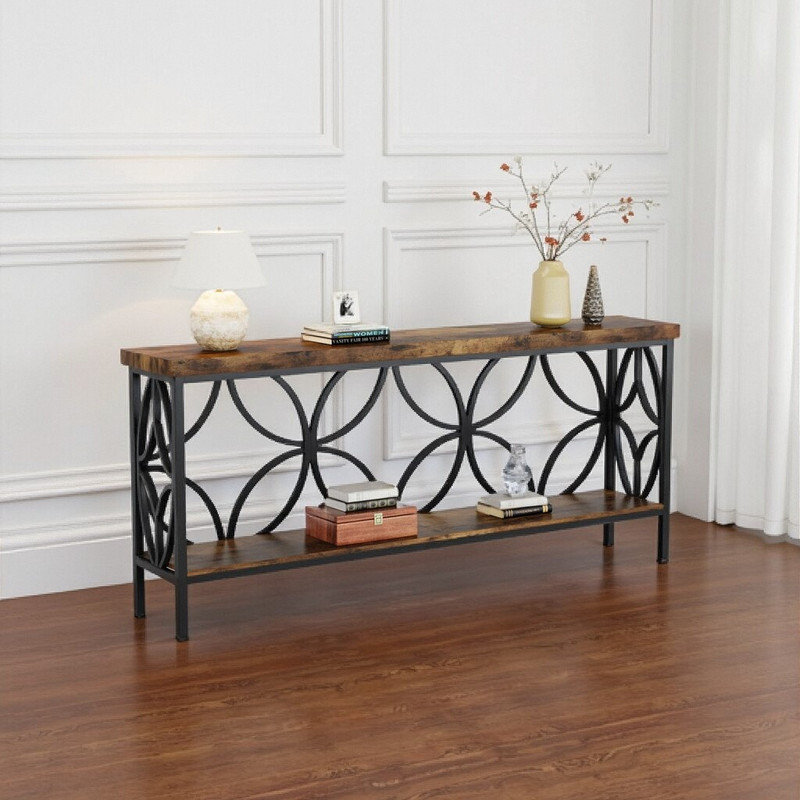 70.9 Inches Extra Long Industrial Console Table, Narrow Sofa Table Behind Couch With Open Storage Shelves, Rustic Entryway Table For Hallway, Foyer, Or Living Room, Metal Frame
