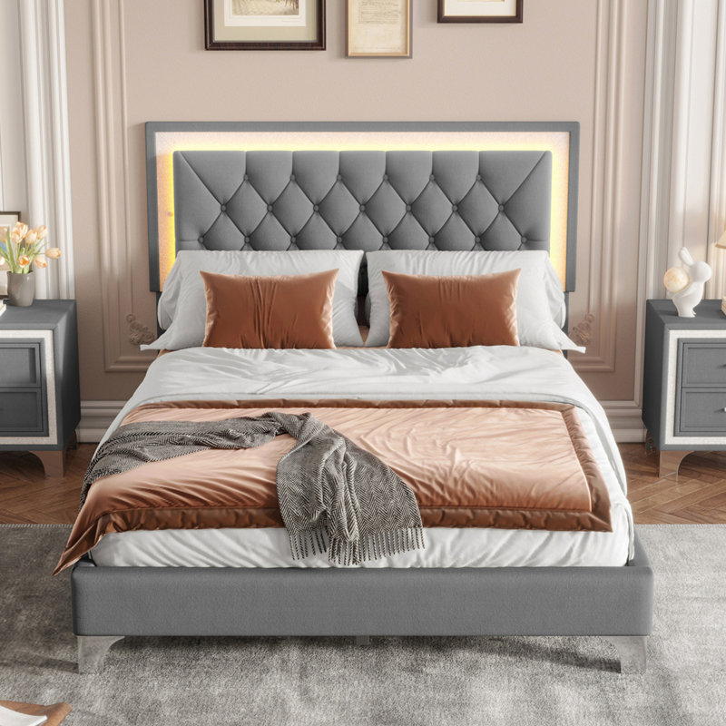 Structure de lit tapissier avec lumières DEL, lit plateforme moderne en velours avec tête de lit capitonnée, Grand lit, Gris
