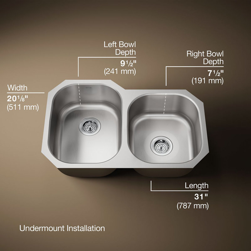 Undertone® 31" L x 20-1/8" W x 9-1/2" Under-Mount Large/Medium Double-Bowl Kitchen Sink, Large/Medium Double-Bowl