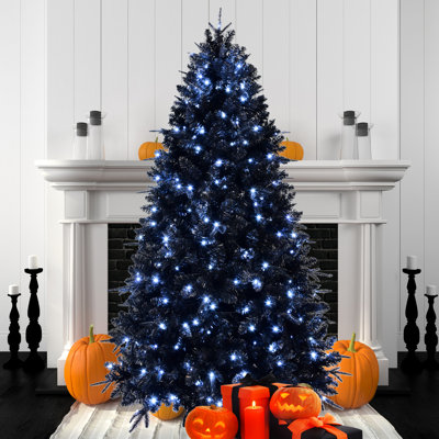 Sapin de Noël artificiel noir de 2,13 m avec 450 lumières DEL blanches, 1916 branches réalistes, structure articulée pour un montage facile, pied en métal réaliste pour une utilisation prolongée pendant les fêtes.
