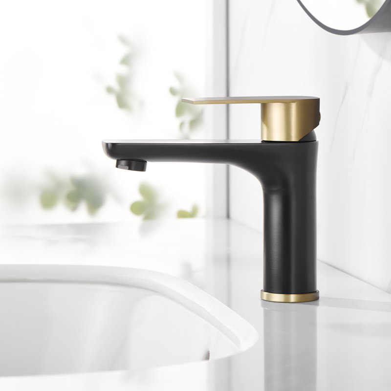 Robinet de salle de bain monocorps à poignée simple, Noir mat / or brossé