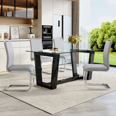 Ensemble de table de salle à manger de 63 po pour 4 à 6 personnes, table de cuisine moderne en verre trempé avec chaises en similicuir