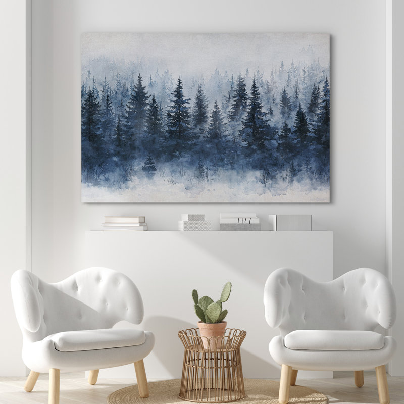 «Woodland Forest Landscape», bleu marine, pin, forêt, paysage, chambre à coucher, Toile tendue, H 16 po x l 24 po