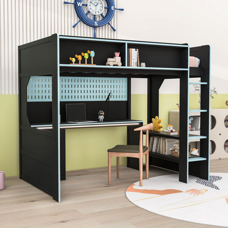 Modern Loft Bed with Built-in Desk, Pegboard Organizer, LED Lighting and Storage Shelves, Twin, Black/Blue