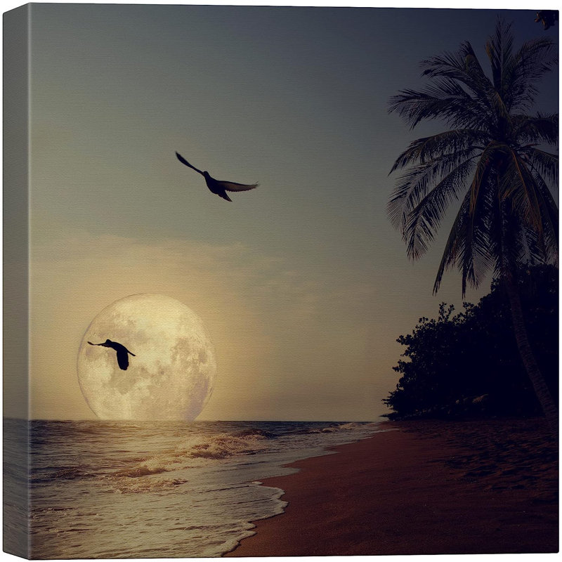«Harvest Moon Tropical Ocean Sea Beach Island Birds», reproduction sur toile, H 24 po x l 24 po x P 1,5 po