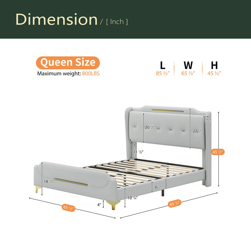 Leather Bed Frame With Wingback Headboard & Footboard,Solid Wooden Slats Support, Gray, Queen